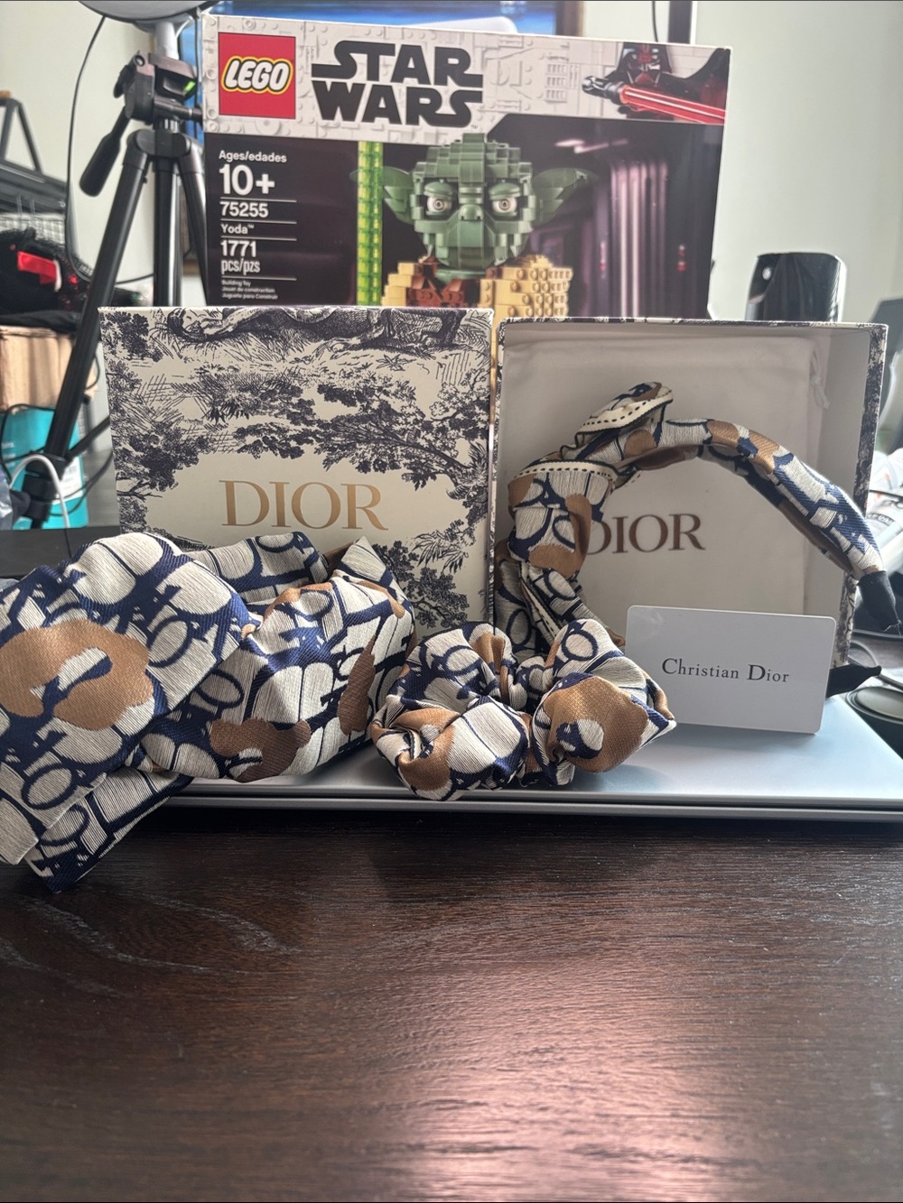 Dior Beige, Navy & Brown Logo Scrunchie and Padded Headband Set GWP all 3 items